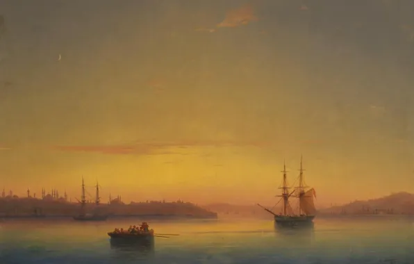 Boat, ship, picture, 1851, Ivan Aivazovsky, Constantinople at Dawn