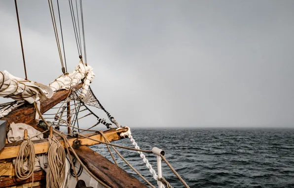 Overcast, the ocean, ship, sailboat, sail, mast, haze, rigging