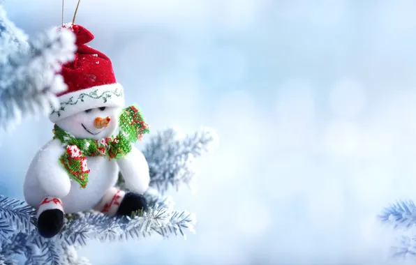 Winter, branch, Snow, Hat, New year, Scarf, Snowman