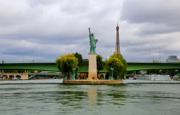 Bridge, river, France, Paris, Hay, Eiffel tower, the statue of Liberty