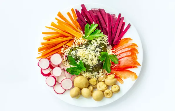 Mushrooms, plate, white background, carrots, radishes, beets