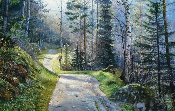 Road, grass, trees, nature, trail, picture, artist, painting