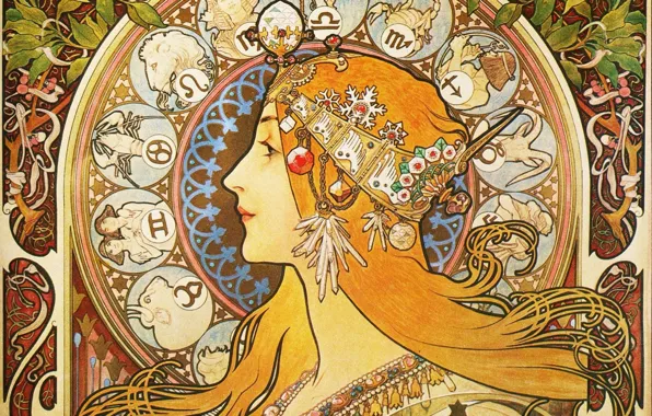 Figure, painting, Zodiac, Alphonse Mucha, Alfons Maria Mucha, female image