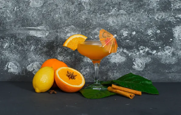 Leaves, umbrella, table, lemon, glass, oranges, slice, juice