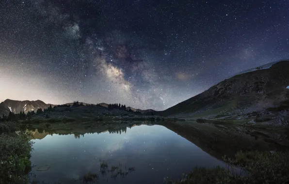 The sky, stars, mountains, night, the milky way, pond