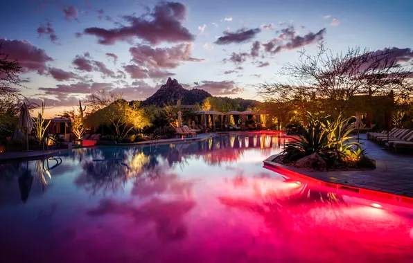 Picture the sky, clouds, mountains, lights, the evening, pool, hdr