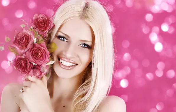 Girl, flowers, smile, glare, background, portrait, roses, makeup