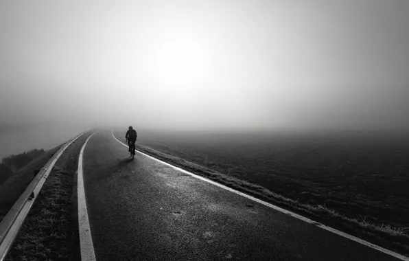 Picture road, fog, cyclist