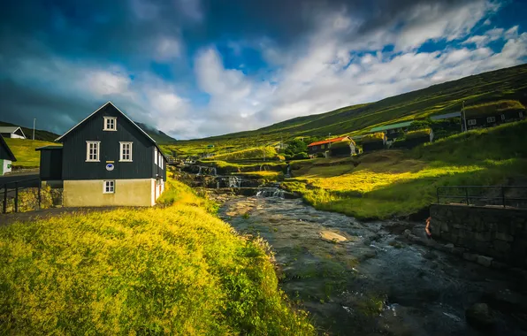 Greens, summer, grass, clouds, light, mountains, house, blue