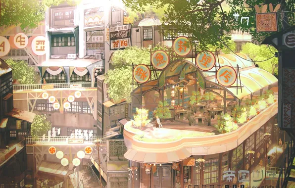 Summer, trees, the city, street, home, characters, restaurant, Art