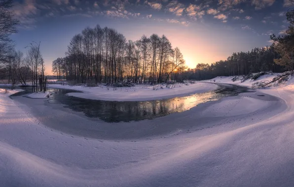 Winter, snow, trees, sunset, river, Poland, Poland, Grabia River