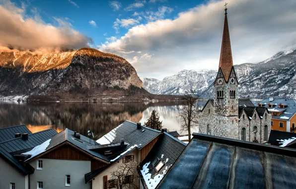 Clouds, mountains, lake, tower, home, Austria, roof, Alps