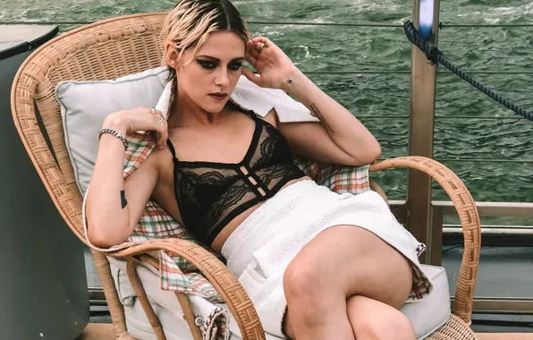 Look, pose, river, skirt, actress, boat, chair, bra