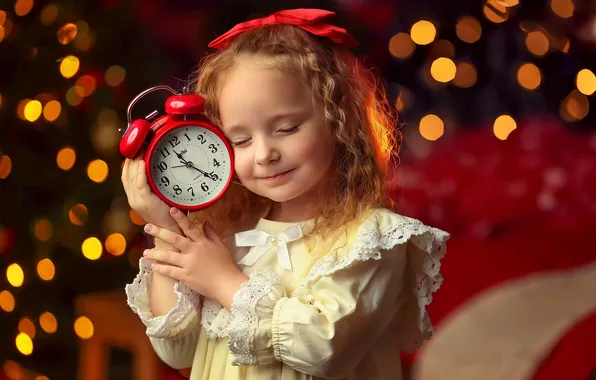 Glare, mood, alarm clock, girl, New year, handle, closed eyes, face