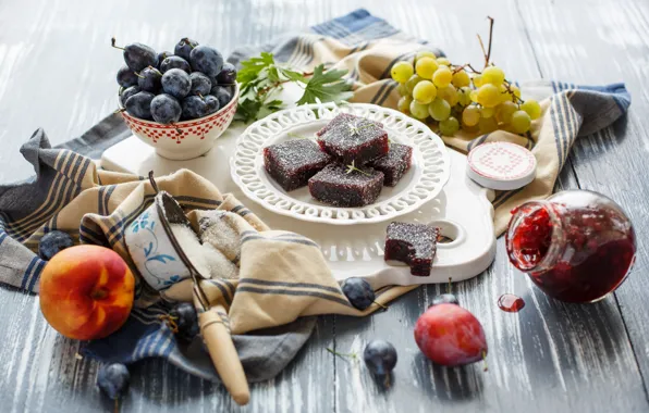 Berries, grapes, sugar, fruit, still life, plum, peach, marmalade