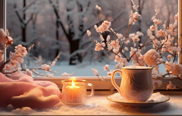 Winter, frost, glass, snow, branches, nature, comfort, candles