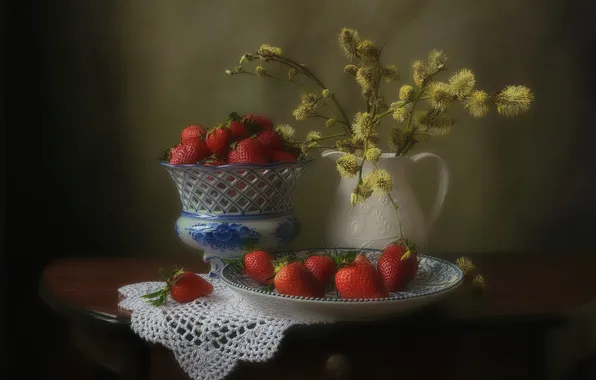 Branches, berries, table, bouquet, blur, spring, strawberry, plate