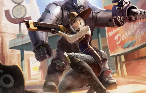 Girl, weapons, the game, robot, Ashe, Overwatch, B.O.B.