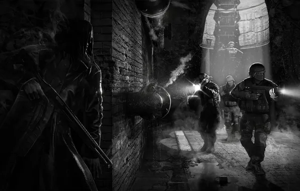 Picture smoke, puddle, dirt, cloak, shotgun, killer, SWAT, Sewerage