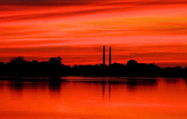 The sky, trees, lake, silhouette, pipe, glow