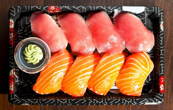 Fish, sauce, tray, sushi, wasabi