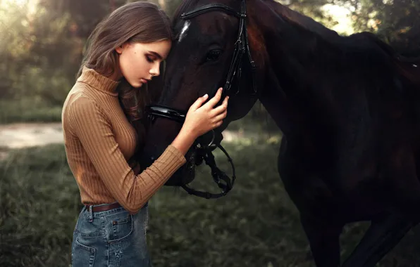 Picture girl, model, horse, portrait, touch, light, brown hair, nature