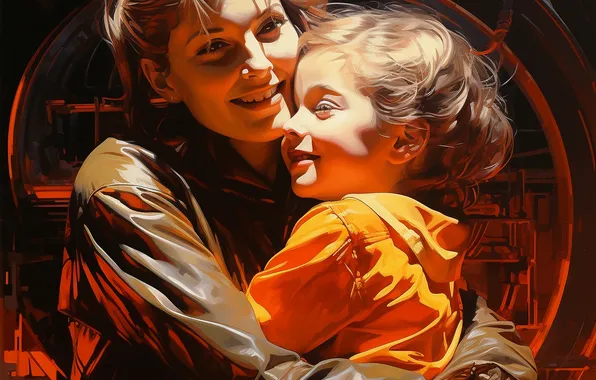 Girl, Boy, Love, Smile, Child, Two, Mom, Digital art