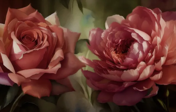 Flowers, rose, art, red, peony, digital painting, digital art, digital art