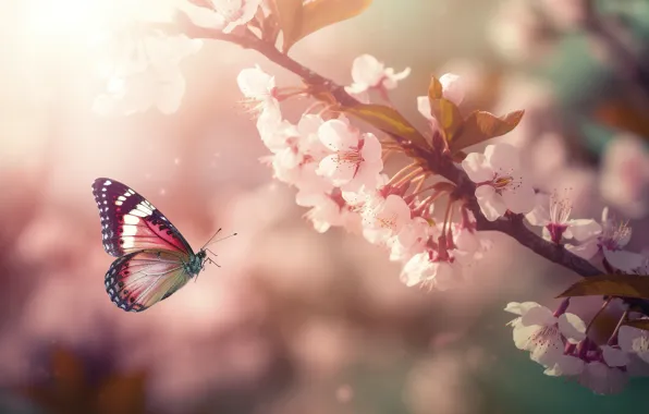 Light, butterfly, flowers, branches, butterfly, spring, pink, flowering