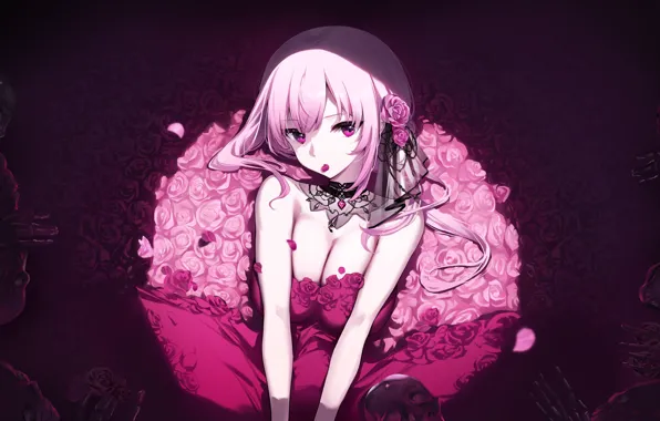 Girl, Gothic, roses, skeletons, Hololive, Mori Calliope, virtual youtuber