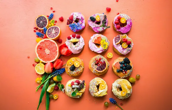Flowers, berries, cookies, tulips, cake, fruit, orange background, cream