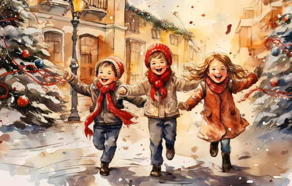 Winter, snow, joy, children, the city, holiday, figure, building