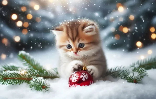 Winter, cat, look, snow, branches, lights, pose, kitty