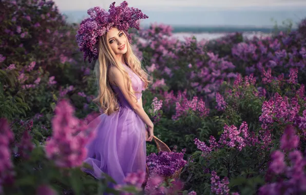 Picture girl, branches, nature, smile, basket, spring, dress, blonde