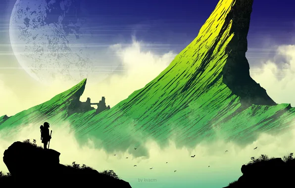 Girl, rock, silhouette, green, peak
