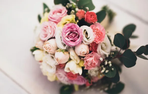 Picture leaves, flowers, roses, bouquet, yellow, petals, pink, white