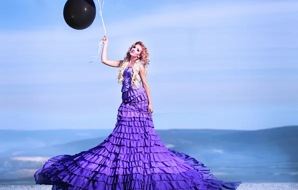 Girl, landscape, dress, hairstyle, purple, blue, black, balloons