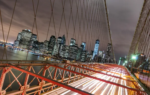 Night, bridge, lights, New York, skyscrapers, lights, USA, Brooklyn Bridge