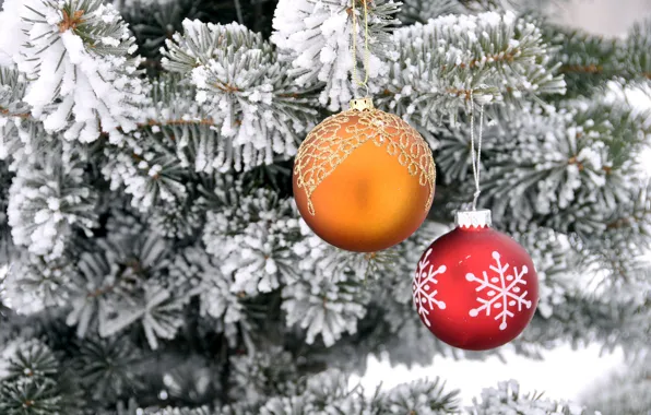 Snow, tree, new year, Christmas, ball, decoration