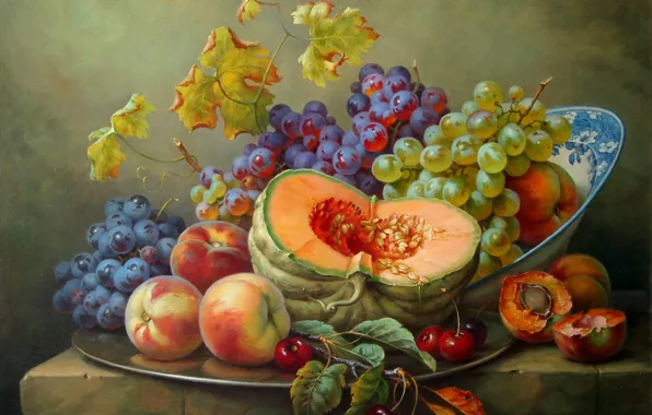 Cherry, grapes, pumpkin, still life, painting, peaches, Gabor Toth