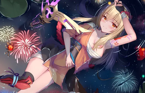 Girl, pond, reflection, weapons, fireworks, Genshin Impact, Yoimiya