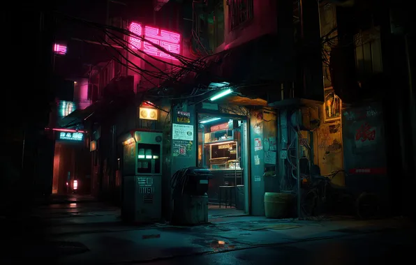 Night, the city, street, neon, dark, lane, cyberpunk, AI art