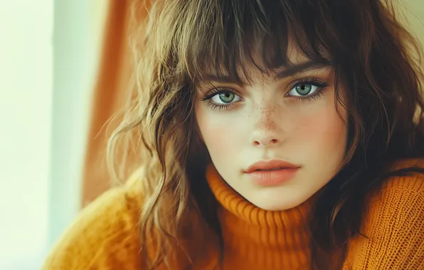 Look, girl, light, orange, pose, eyelashes, portrait, freckles