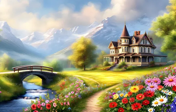 Flowers, mountains, castle, fantasy, river, the bridge, path, illustration