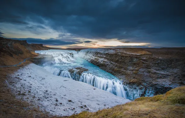 The sky, clouds, sunset, river, waterfall, Iceland, huitou