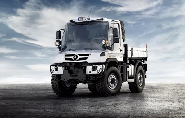 White, the sky, clouds, surface, Mercedes-Benz, truck, Unimog, U423