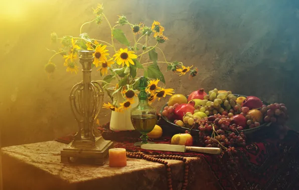 Flowers, bouquet, knife, fruit, still life, items, grenades, composition
