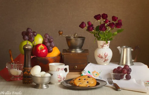 Picture apples, roses, eggs, bouquet, cookies, grapes, dishes, still life