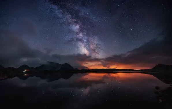 Picture the sky, stars, light, mountains, night, the milky way, the fjord