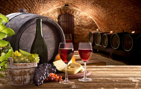 Picture table, wine, bottle, cheese, glasses, grapes, cellar, barrels